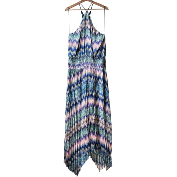 NWT Ramy Brook Giana Halter Maxi Dress Blue Pink Retro Chevron Sz XXL - Picture 5 of 16